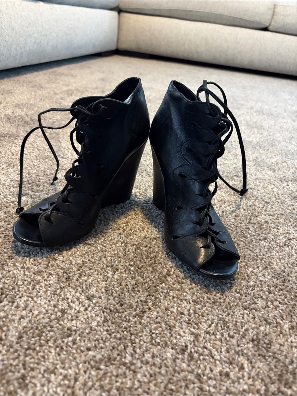 BCBGeneration Black Lace-Up Peep Toe Wedge Booties